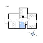Erdgeschossplan mit Schlafzimmer, Bad und Treppe zur nächsten Etage.