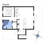 Stueplan zeigt Schlafzimmer, Küche, Bad und Treppenhaus mit Orientierung.