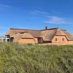Haus mit Strohdach und orangefarbenen Wänden in Grasland unter blauem Himmel.
