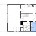 Stueplan zeigt Wohnfläche, Küche, Bad und Schlafzimmer mit Sovesofa.