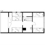 Erdgeschossplan mit Schlafzimmer, Bad und Treppe zur oberen Etage.