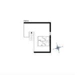 Hems: Grundriss mit Schlafzimmer und Treppe. Kompass für Orientierung.