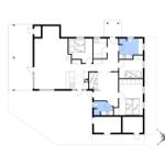 Übersichtsplan einer Wohnung mit Schlafzimmer, Küche und Badezimmer.
