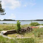 Grünes Ufer mit Kanu, Feuerstein und Holzstapel am Wasser