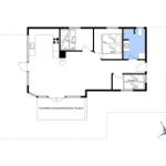 Wohnung mit Küche, Schlafzimmer, Bad und überdachter Terrasse.
