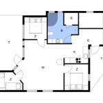 Wohnung mit Küche, Schlafzimmer, Bad und Wohnbereich. Orientierung mit Kompass.