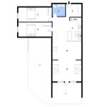 Zwei Schlafzimmer, Küche, Bad und Wohnbereich mit Terrasse.