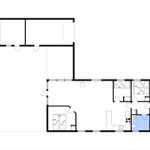 Wohnung mit drei Schlafzimmern, Küche und Bad. Grundriss mit Orientierung.