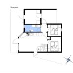 Stueplan zeigt Wohn- und Schlafzimmer mit Küche und Bad