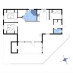 Wohnung mit drei Schlafzimmern, Küche und Bad. Grundriss mit Orientierung.