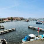 Hafen mit Booten und roten Häusern am Wasser