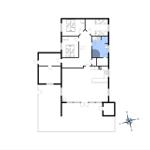 Grundriss einer Wohnung mit drei Schlafzimmern, Küche und Bad.