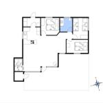 Wohnung mit Küche, Bad, Schlafzimmer und Terrasse. Flur und Bad sind separat.