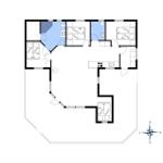 Wohnung mit drei Schlafzimmern, Küche und Bad. Raumplan mit Orientierung.