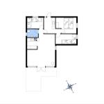 Wohnung mit Küche, Bad, Schlafzimmer und Wohnbereich. Raumübersicht mit Maßen.