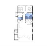 Wohnung mit drei Schlafzimmern, Küche und Bad. Flur mit Treppe.