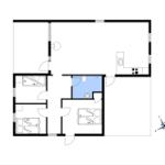 Wohnung mit zwei Schlafzimmern, Küche und Bad. Raumübersicht mit Maßangaben.