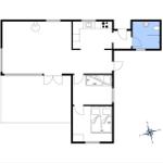 Wohnung mit zwei Schlafzimmern, Küche und Bad. Grundriss mit Raumbezeichnungen.