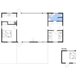 Die Wohnung hat drei Schlafzimmer, eine Küche und ein Badezimmer mit Dusche.