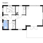 Stueplan zeigt Wohn- und Schlafzimmer, Küche, Bad und Toilette mit Maßen.
