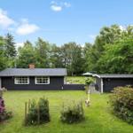 Schwarzes Holzhaus mit Garten, Grillplatz und Bäumen im Hintergrund.