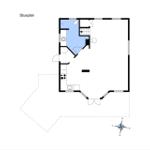 Stueplan zeigt Wohn- und Küchenbereich mit Treppenhaus und Bad