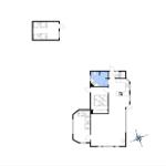 Wohnung mit Küche, Bad und Schlafzimmer. Raumplan mit Orientierung.