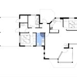 Dies ist eine Grundrisszeichnung einer Wohnung mit drei Schlafzimmern, Küche und Bad.