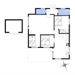 Wohnung mit drei Schlafzimmern, Küche und Bad. Grundriss mit Raumbezeichnungen.