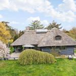 Haus mit Strohdach, Garten, Terrasse und Sitzgelegenheiten unter blauem Himmel.