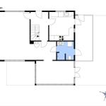 Stueplan zeigt Küche, Bad und Treppenhaus mit Richtungsanzeiger.