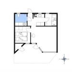 Wohnung mit Küche, Bad, Schlafzimmer und Wohnbereich. Raumhöhe und Möbel sind eingezeichnet.