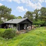 Schwarze Holzhütte mit Terrasse, umgeben von Gras und Bäumen unter blauem Himmel.