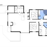 Stueplan zeigt Wohn- und Schlafzimmer, Küche und Badezimmer mit Maßen.