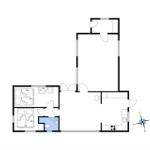 Apartment with two bedrooms, kitchen, and bathroom. Hall leads to all rooms.