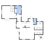 Apartment with three bedrooms, kitchen, and bathroom. Hallway with doors to all rooms.