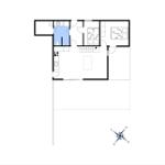 Ground floor plan with kitchen, bathroom, two bedrooms, and stairs to upper level.