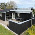 Schwarzes Haus mit Terrasse und Garten. Glastüren führen ins Innere.