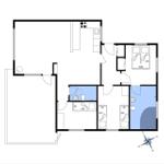Wohnung mit Küche, Bad, Schlafzimmer und Wohnbereich. Raumgrößen sind eingezeichnet.
