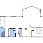 Two bedrooms, kitchen, bathroom, and living area with skylight.