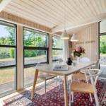 Dining room with table, chairs, and view of garden.