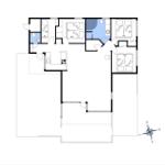 Apartment with three bedrooms, kitchen, and bathroom. Floor plan with orientation.