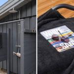 Außen-Dusche mit Duschbrause und Handtuch. Schwarzes Handtuch mit Sonnenbrille und Magazin.