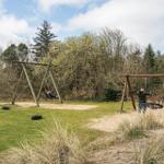 Zwei Holzschaukeln mit Reifen in einem grünen Garten mit Bäumen im Hintergrund.