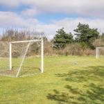 Grünes Spielfeld mit zwei weißen Toren und einem Fußball.