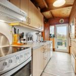 Küche mit Holzwand, Spüle, Kühlschrank und Dunstabzug.
