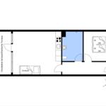 Wohnung mit Schlafzimmer, Küche und überdachter Terrasse.