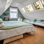 Bedroom with skylights, two beds, and wooden floor.