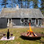 Cabin with deck, fire pit, and wine outdoors.
