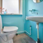 Bathroom with toilet, sink, and window. Walls are turquoise.